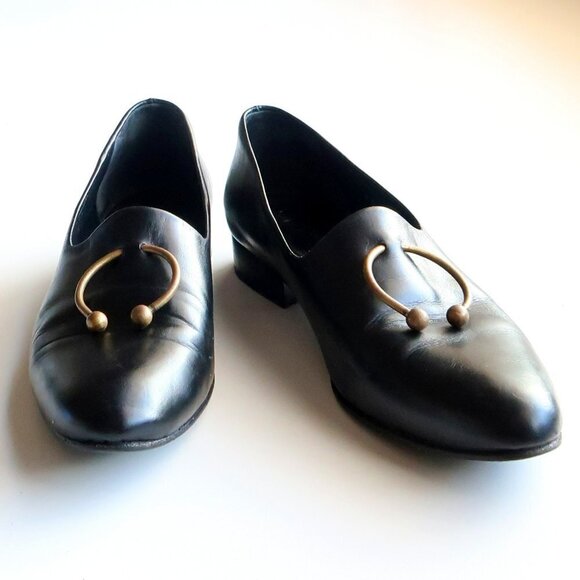 Freda Salvador Black Leather Low Heel Loafers Slip-on Shoes with Ring Detail - Picture 6 of 16